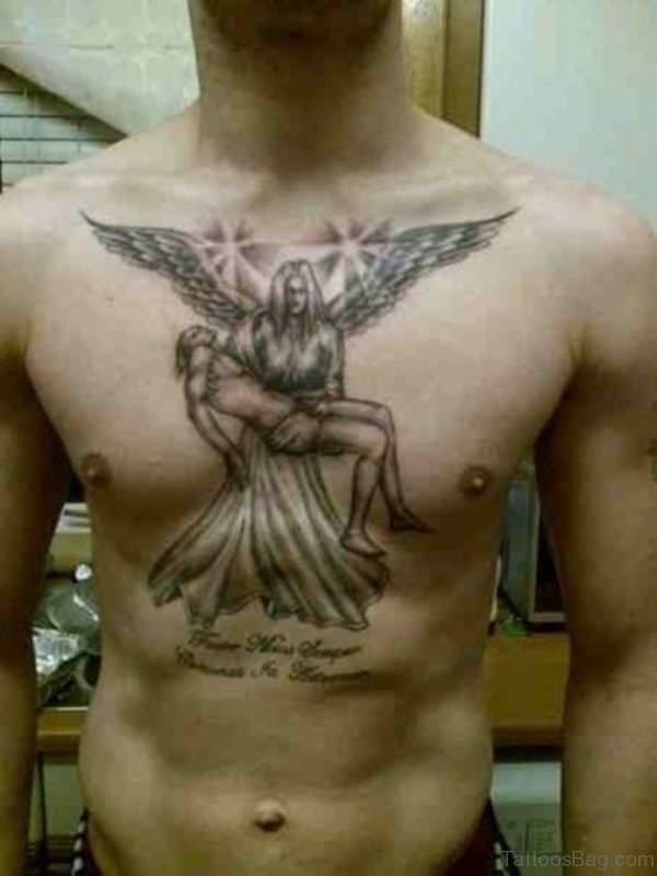 Memorial Angel Tattoo On Chest For Men