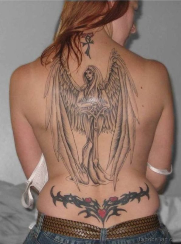 Memorial Angel Tattoo On Girl Back