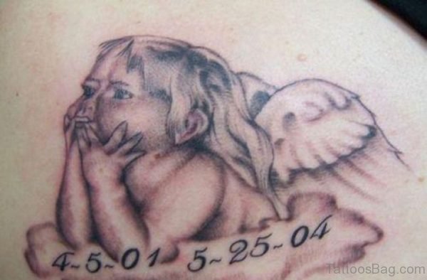 Memorial Grey Ink Baby Angel Tattoo