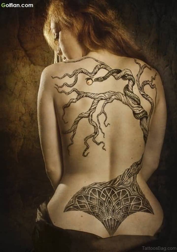 Mind Blowing Apple Tree And Snake Tattoo On Back