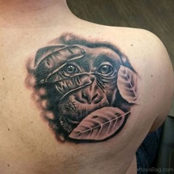 Monkey Hiding Face Shoulder Tattoo