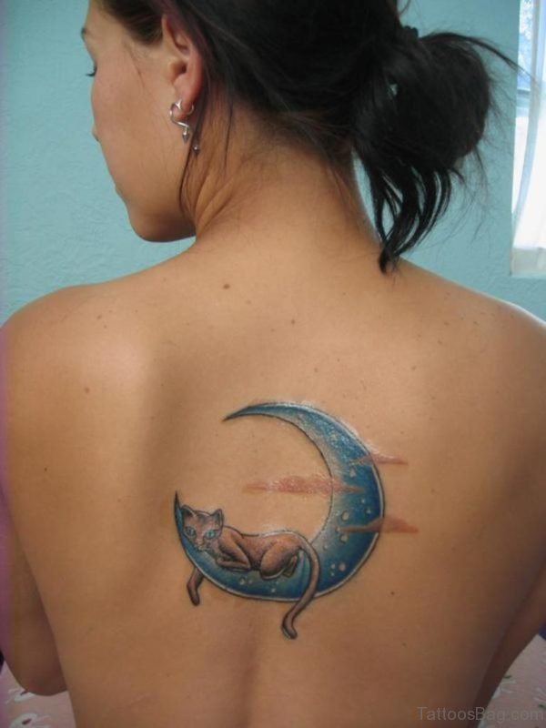Moon And Cat Tattoo On Back