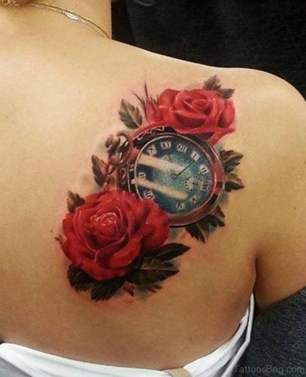 Nice Clock And Rose Tattoo