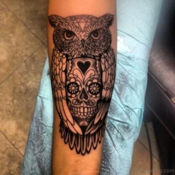 Nice Owl And Skull Tattoo