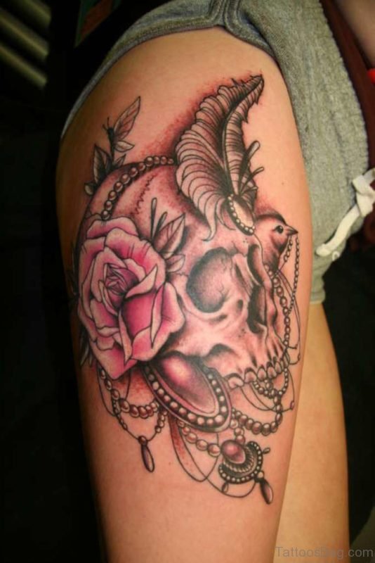 Skull And Rose Tattoo On Thigh