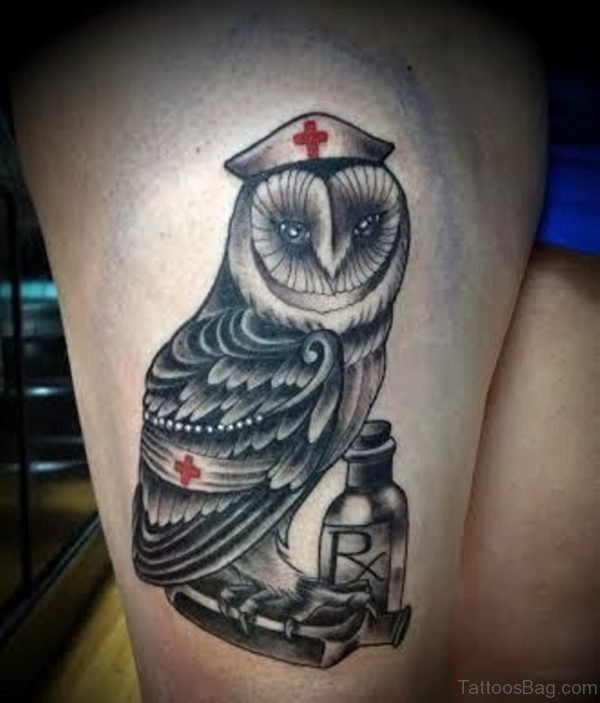 Nurse Hat On Owl Head Tattoo On Thigh