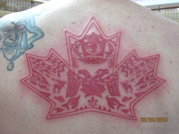Olympic Maple Leaf Tattoo On Upper Back