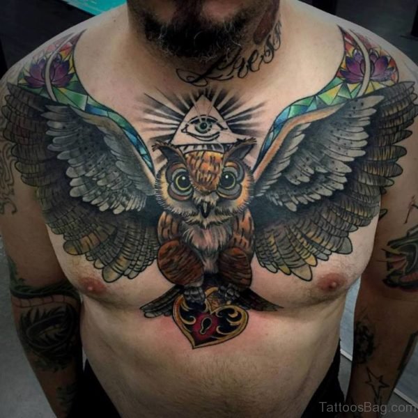Open Wings Owl Tattoo On Man Chest
