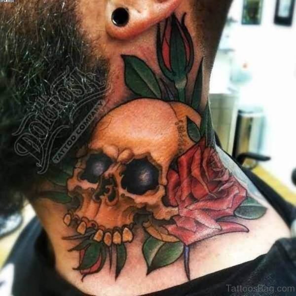 Orange Skull And Rose Neck Tattoo