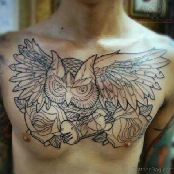 Outline Owl Hourglass And Rose Tattoo