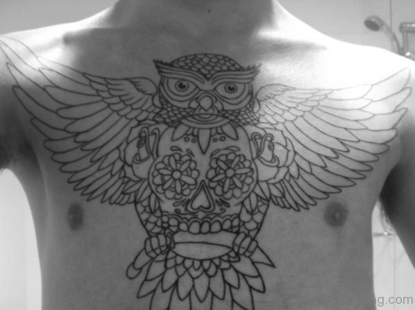 Outline Owl Tattoo On Man Chest