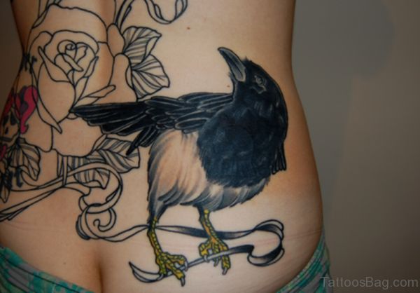 Outline Rose And Crow Tattoos On Lower Back