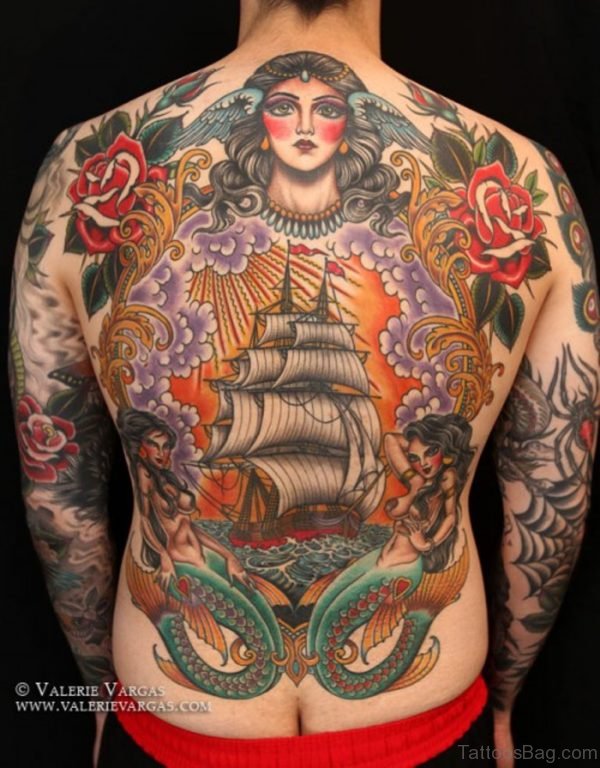 Outstanding Colored Ship Tattoo