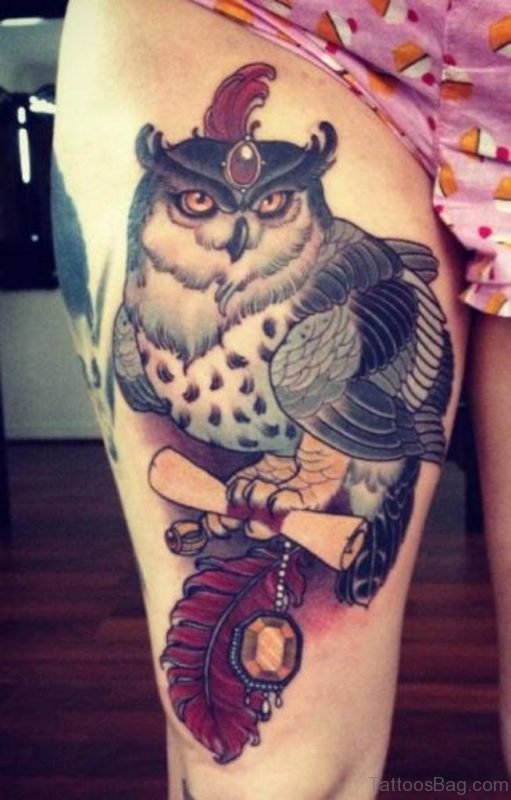 Owl Bird Tattoo On Thigh