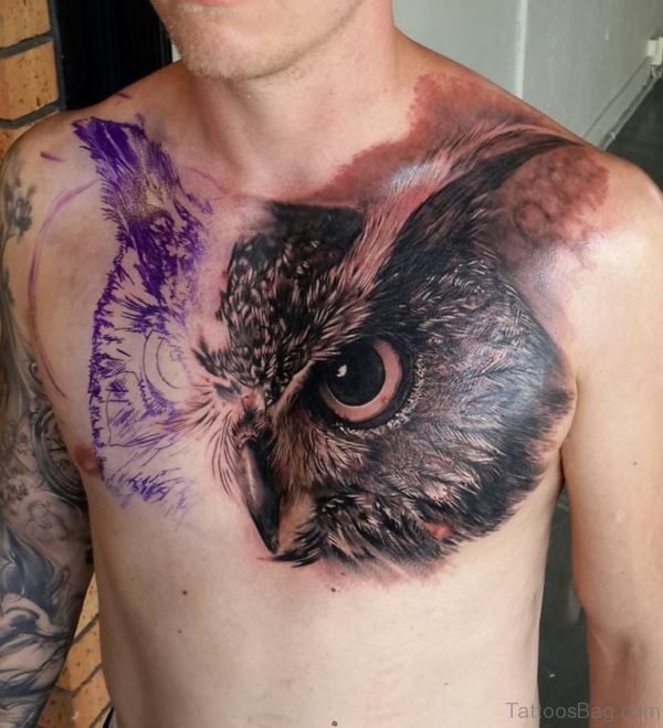 Owl Face Tattoo On Chest