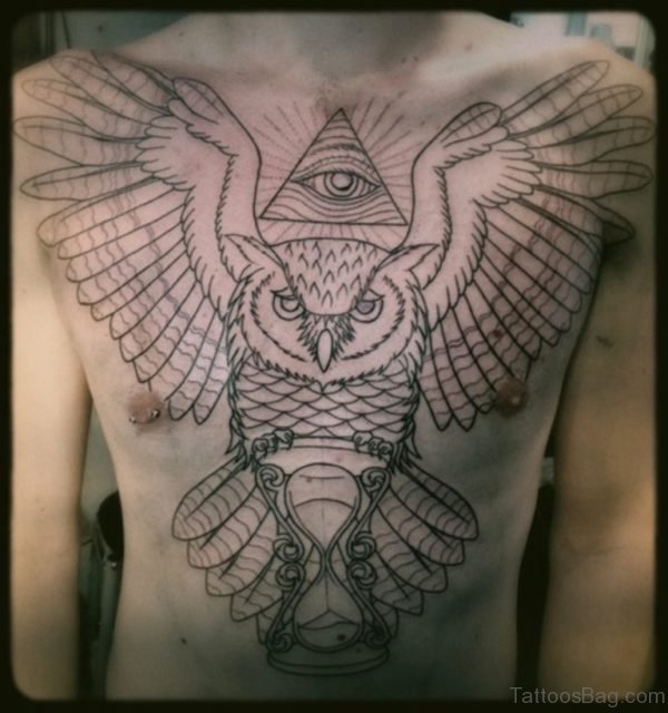 Owl With Clock Tattoo On Chest
