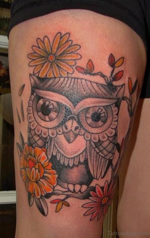 Owl With Flowers Tattoo