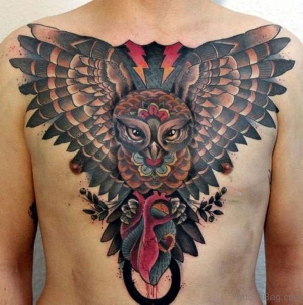 Owl With Heart Chest Tattoo