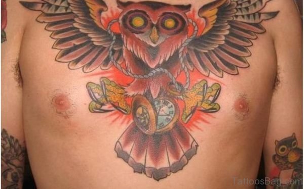 Owl With Watch Tattoo On Chest