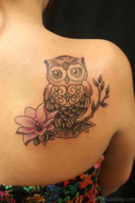 Owl with Flower On  Branch Back Tattoo