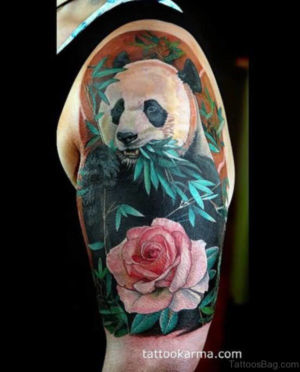 Panda Eating Grass Shoulder Tattoo