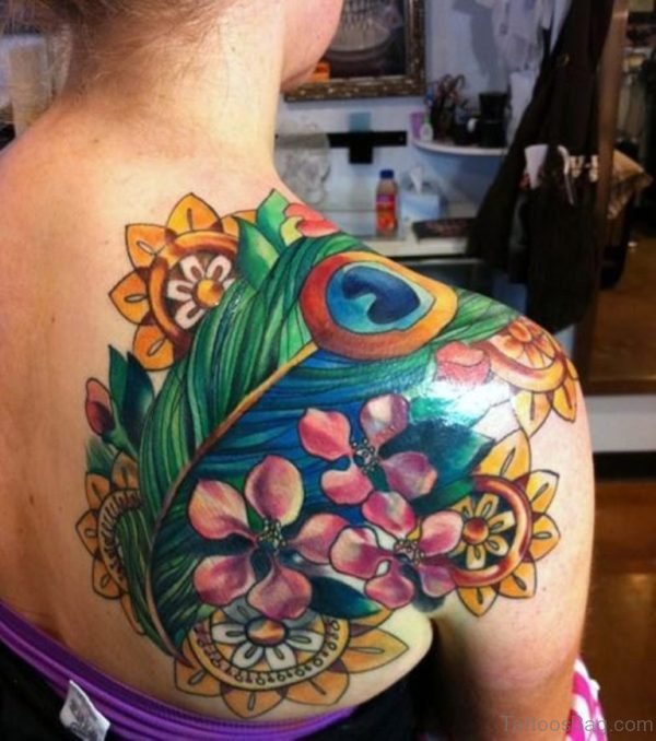 Peacock And Feather Tattoo On Back