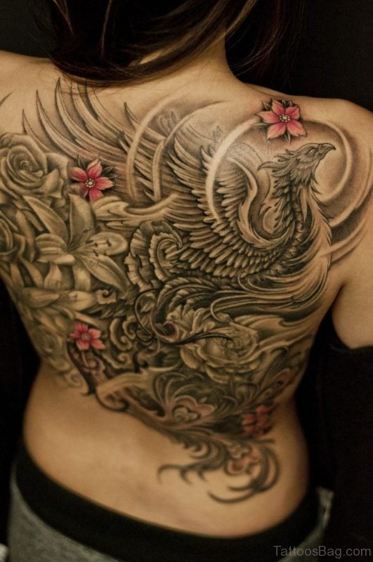 Phoenix And Flowers Tattoo
