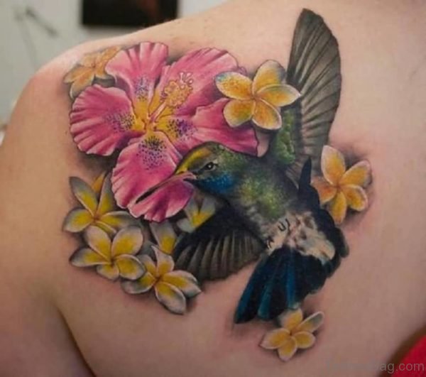 Pink And Yellow Ink Flower And Bird Tattoo
