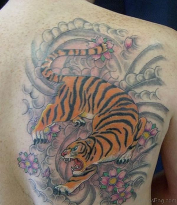 Pink Flower And Tiger Tattoo