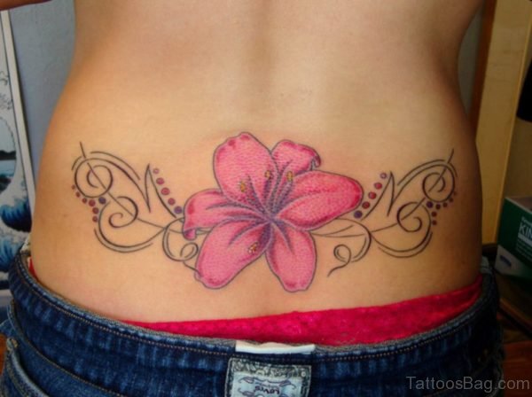 Pink Flower Tattoo On Lower Back