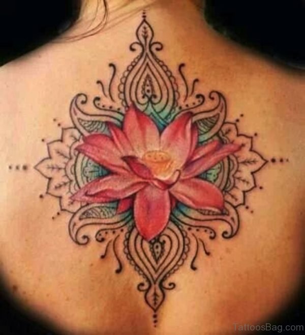 Pink Lotus Flower Tattoo Design On Back