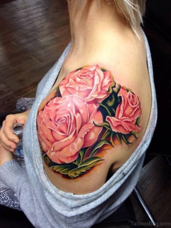 Pink Roses Shoulder Tattoo Design