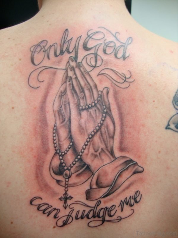 Praying Hands Tattoo On Upper Back