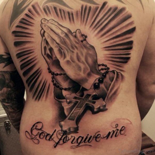 Praying Hands Tattoo With Cross On Man Back