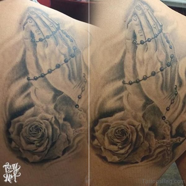 Praying Hands With Grey Rose Tattoo