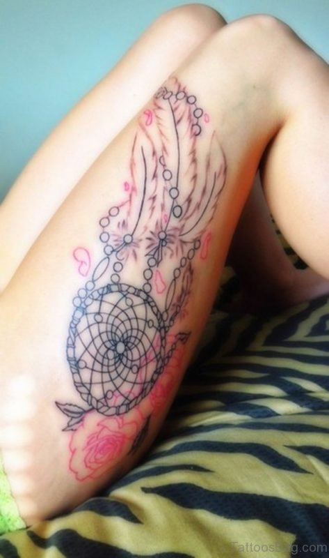 Pretty Dreamcatcher Tattoo On Thigh