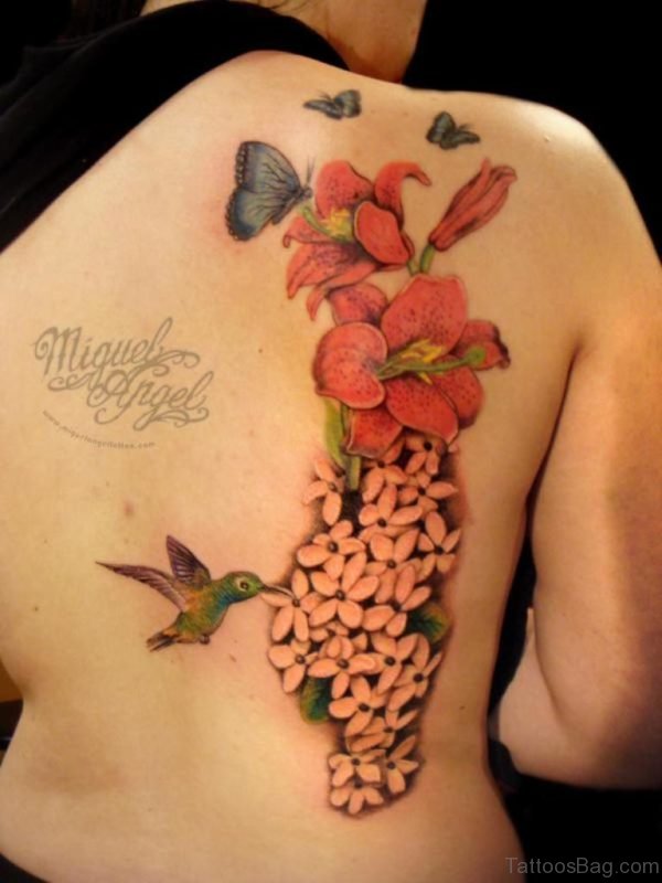 Pretty Flower And Hummingbird Tattoo
