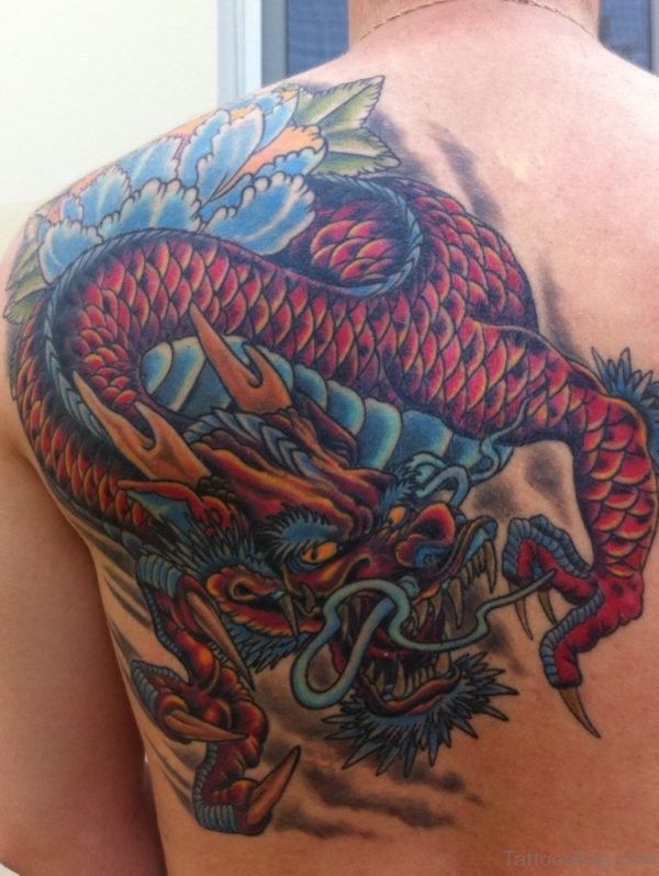 Pretty Japanese Red And Blue Dragon Tattoo
