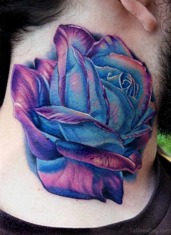 Purple And Blue Rose Tattoo On Neck