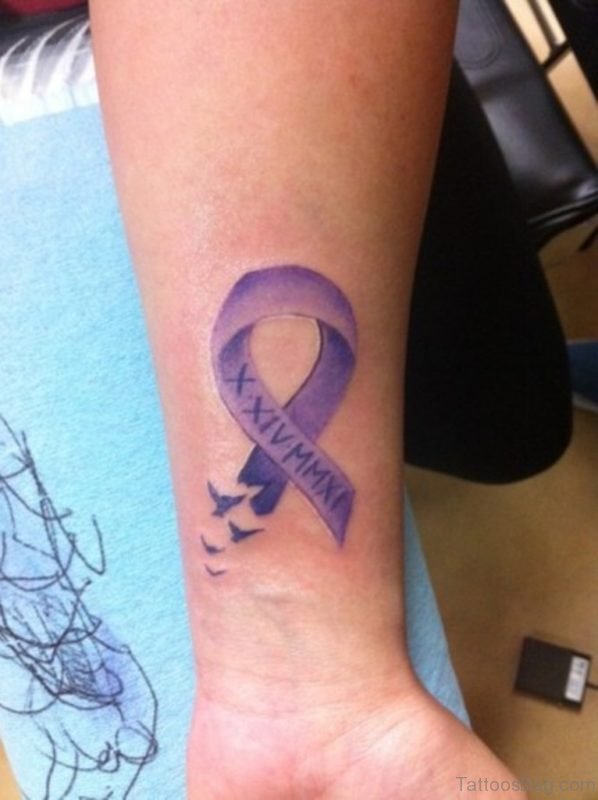 Purple Cancer Ribbon Wrist Tattoo