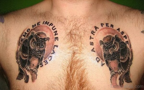 Quote And Owl Tattoo On Chest