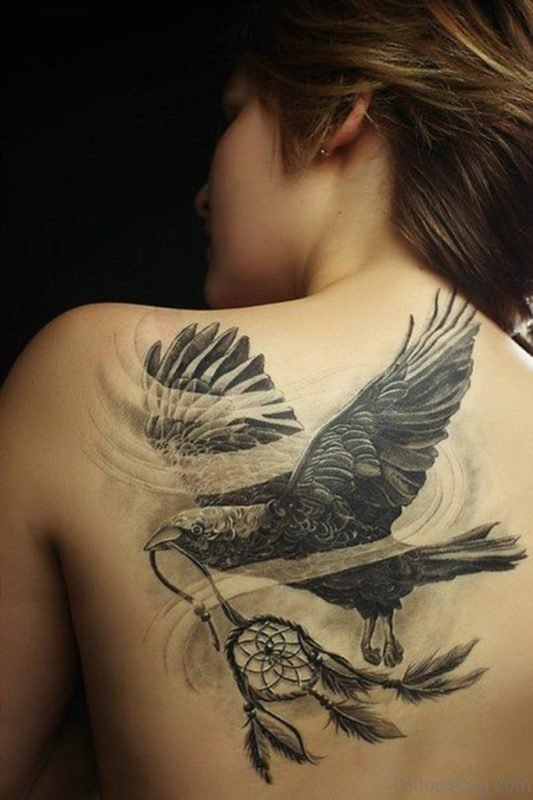 Raven And Dreamcatcher Tattoo On Back