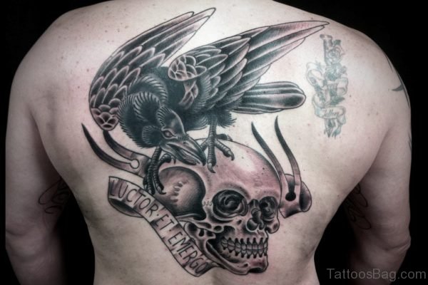 Raven On Skull With Banner Tattoo On Full Back
