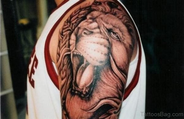 Realistic Colored Lion Shoulder Tattoo
