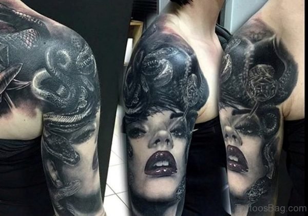 Realistic Medusa Tattoo on Shoulder