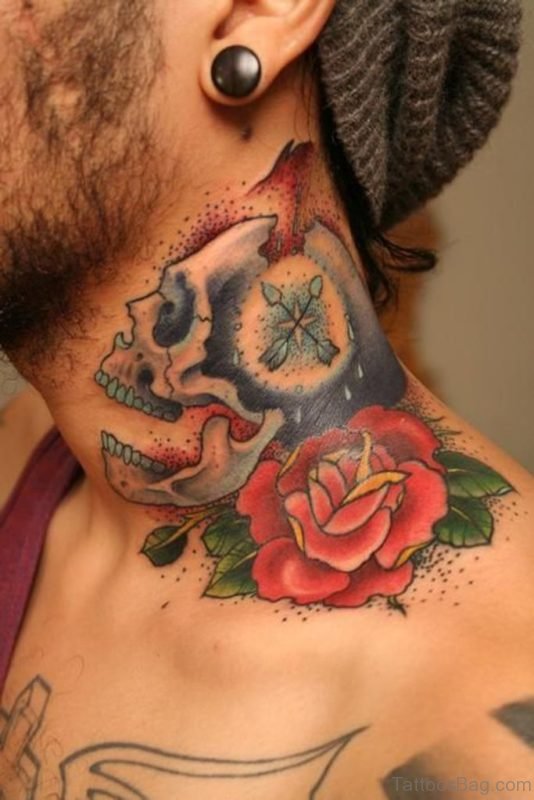 Realistic Skull And Rose Tattoo On Neck