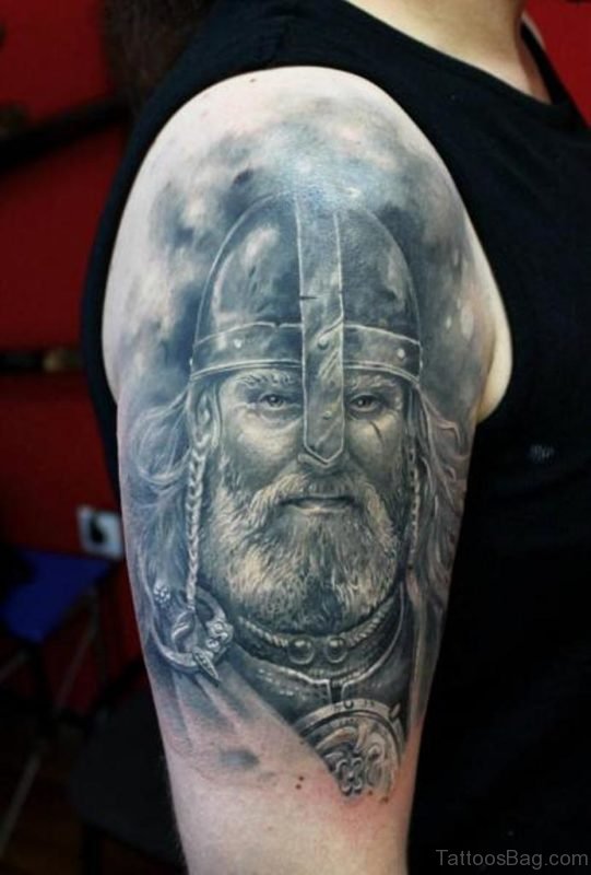 Realistic Viking Tattoo On Right Shoulder
