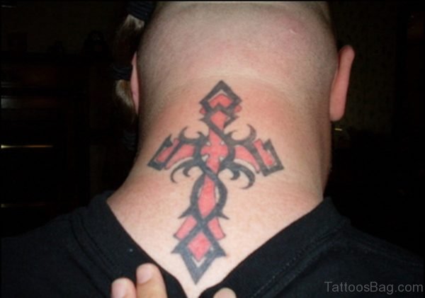Red ANd Black Cross Tattoo On Neck