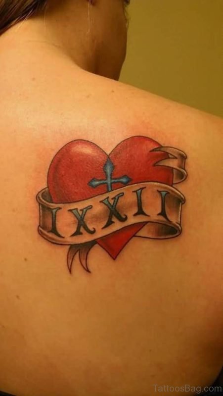 Red Color Heart With Banner Tattoo