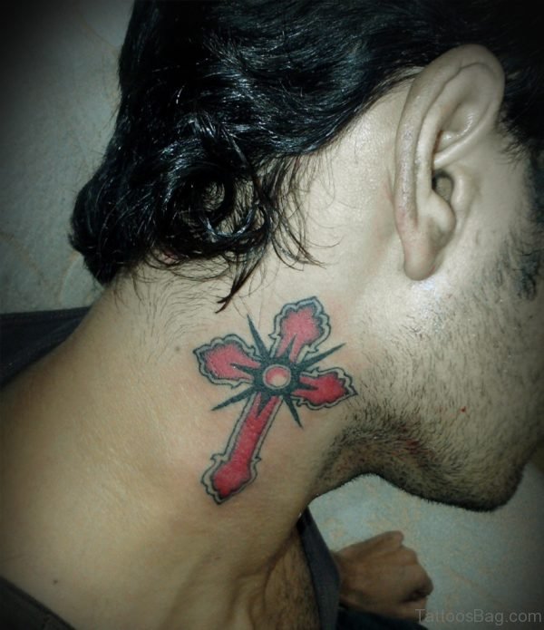 Red Cross Tattoo On Side Neck